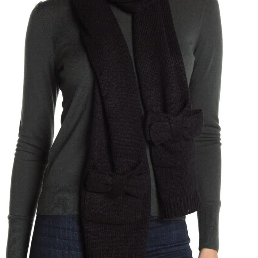 Kate Spade New York Long Classic Black Signature Bow Scarf with Pockets::NWT::